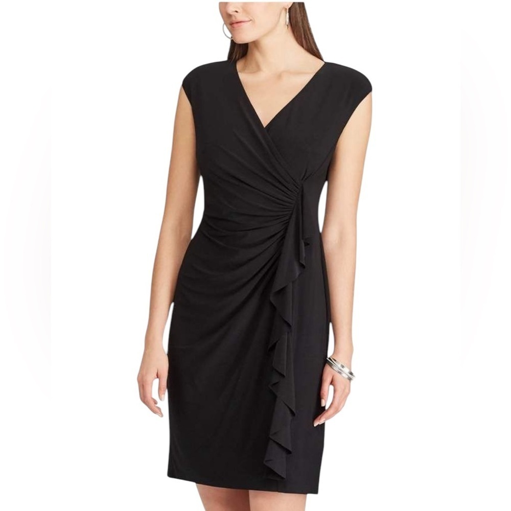 EVAN PICONE Black Label Women’s Size 12 Mock Wrap Black Jersey Dress Stretch EUC